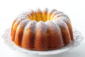 A beautifully baked bundt cake dusted with powdered sugar on a decorative plate photo