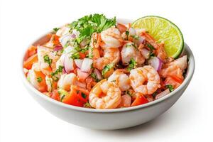 A fresh shrimp salad with tomatoes, onions, cilantro, and lime photo