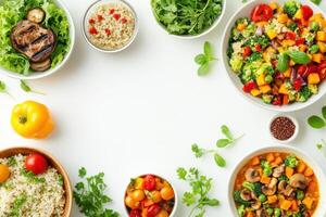 A colorful arrangement of healthy dishes featuring grains, vegetables, and fresh herbs. photo