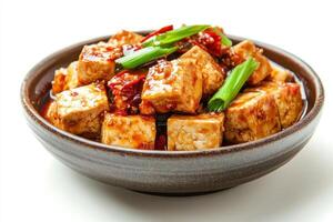 A bowl of tofu in a flavorful sauce, garnished with green onions. photo