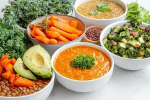 A colorful array of healthy dishes featuring vegetables, lentils, and soups for nutritious meals photo