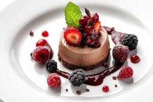 A delectable chocolate mousse dessert topped with berries and mint, elegantly presented photo