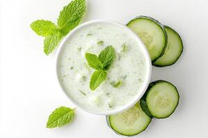 A bowl of yogurt sauce with mint and cucumber slices, ideal for dipping or dressing. photo