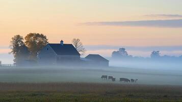 A serene farm landscape at dawn with mist, a barn, and grazing cows photo