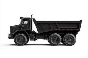 A black dump truck with a large open bed for transporting materials. photo