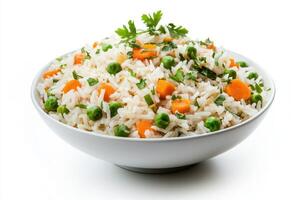 A bowl of rice mixed with peas and carrots, garnished with cilantro. photo