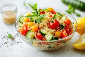 A vibrant quinoa salad with fresh vegetables and herbs, perfect for a healthy meal photo