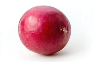 A single red radish on a white background, showcasing its smooth texture and vibrant color photo
