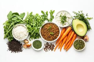 A colorful arrangement of fresh vegetables, grains, and herbs for healthy meal preparation photo
