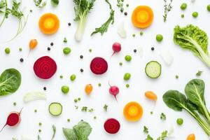 A colorful arrangement of fresh vegetables and herbs on a white background. photo