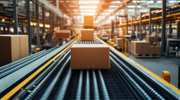 Conveyor belt transporting cardboard boxes in a warehouse setting photo