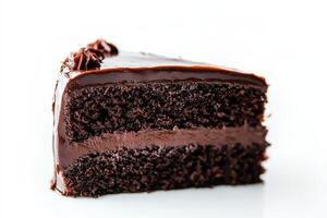 A slice of rich chocolate cake with a glossy chocolate frosting. photo