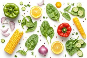 A vibrant arrangement of fresh vegetables and fruits on a white background photo
