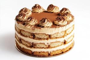 A delicious layered cake topped with cream and cocoa powder isolated on white photo