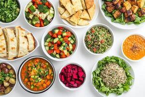 A vibrant spread of various dishes, showcasing healthy and colorful food options photo