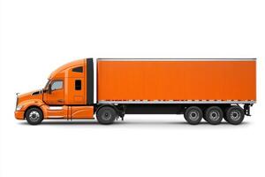 A side view of an orange truck with a large cargo trailer. photo