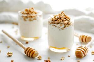 A delicious dessert featuring yogurt, granola, and honey in elegant glasses. photo