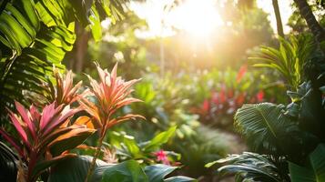 A vibrant garden scene illuminated by sunlight, showcasing lush foliage and colorful flowers photo