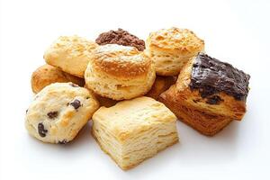 A variety of baked goods, including scones and pastries, arranged on a white background photo