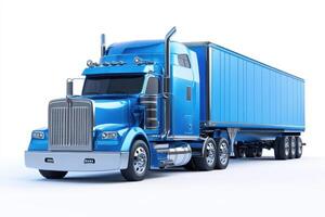 A blue semi-truck with a trailer, designed for transporting goods on highways. photo
