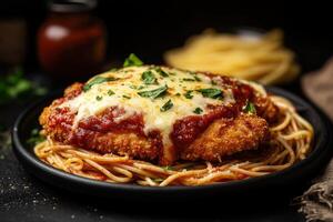 A plate of chicken parmesan served over spaghetti with cheese and herbs photo