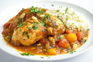 A plate of flavorful chicken stew served with rice and garnished with herbs photo