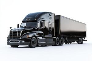 A sleek black truck with a trailer, isolated on white background photo