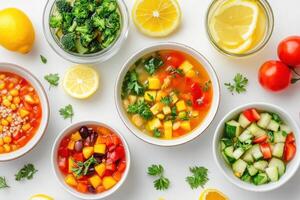 A vibrant arrangement of fresh salads, soups, and garnishes showcasing healthy ingredients photo