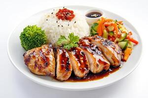 A plate of grilled chicken with rice, vegetables, and sauce, showcasing a delicious meal. photo