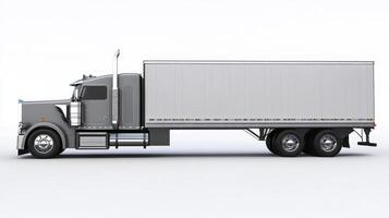A side view of a large truck with a trailer, designed for transporting goods. photo