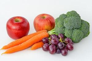 Fresh fruits and vegetables arranged for healthy eating photo