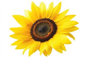 A vibrant sunflower with bright yellow petals and a dark center, symbolizing warmth and positivity. photo