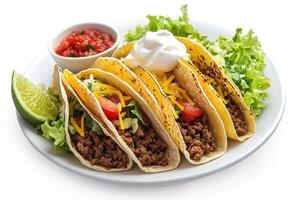 A plate of tacos with ground beef, lettuce, cheese, and salsa photo