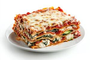 A delicious serving of lasagna layered with cheese, spinach, and tomato sauce. photo