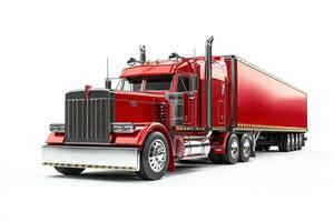 A red truck with a trailer, designed for transporting goods on highways. photo