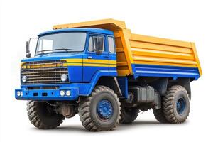 A blue and orange dump truck designed for transporting materials. photo