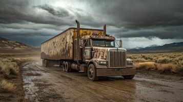 A muddy truck navigating a rugged dirt road under a dramatic sky. photo
