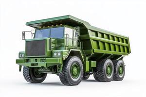 A green dump truck designed for transporting heavy materials in construction and mining. photo