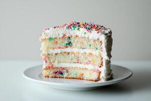 A slice of colorful birthday cake topped with frosting and sprinkles on a white plate photo