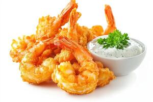 A plate of crispy fried shrimp served with a creamy dipping sauce. photo