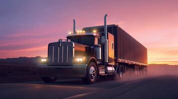A powerful truck driving on a road at sunset, showcasing its robust design and purpose. photo