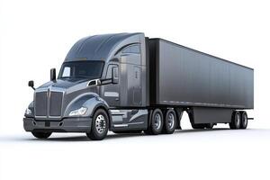 A sleek gray truck with a large trailer, designed for transporting goods. photo