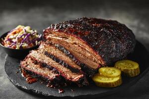 A deliciously smoked brisket served with pickles and coleslaw on a slate platter photo