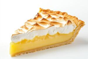 A slice of lemon meringue pie with a golden crust and fluffy meringue topping. photo