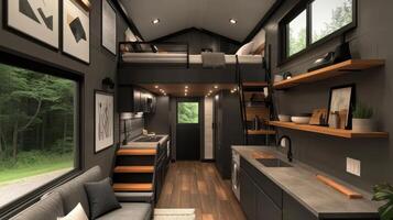 Modern tiny house interior with loft, kitchen, and living space photo