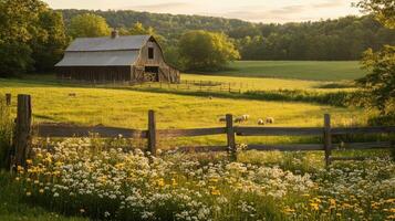 A serene countryside scene featuring a barn, green fields, and grazing sheep under a sunset photo