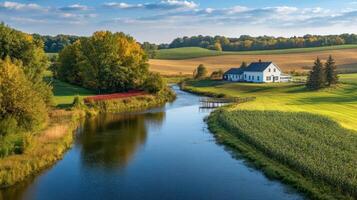 A serene landscape featuring a river, a house, and lush greenery under a blue sky photo