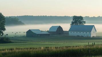 A serene rural landscape featuring barns and misty fields at dawn photo