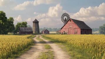 A serene rural landscape featuring a red barn, silo, and windmill amidst golden fields photo
