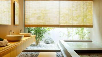 A serene bathroom with natural elements and a relaxation area photo